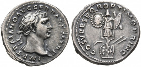 Trajan, 98-117. Denarius (Silver, 19 mm, 3.17 g, 6 h), Rome, circa 107-108. IMP TRAIANO AVG GER DAC P M TR P Laureate head of Trajan to right, with sl...