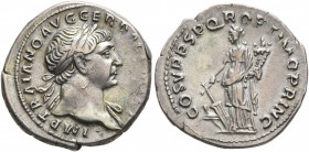 Trajan, 98-117. Denarius (Silver, 19 mm, 3.00 g, 7 h), Rome, circa 108-109. IMP TRAIANO AVG GER DAC P M TR P Laureate head of Trajan to right, with sl...