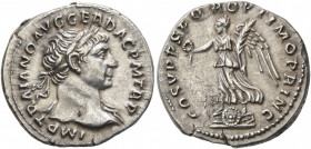 Trajan, 98-117. Denarius (Silver, 19 mm, 3.36 g, 6 h), Rome, circa 108-109. IMP TRAIANO AVG GER DAC P M TR P Laureate head of Trajan to right, with sl...