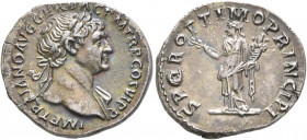 Trajan, 98-117. Denarius (Silver, 19 mm, 3.37 g, 7 h), Rome, circa 113-114. IMP TRAIANO AVG GER DAC P M TR P COS VI P P Laureate head of Trajan to rig...