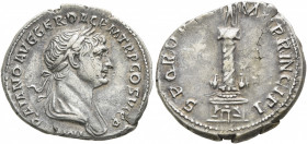 Trajan, 98-117. Denarius (Silver, 19 mm, 3.16 g, 1 h), Rome, 113-114. IMP TRAIANO AVG GER DAC P M TR P COS VI P P Laureate and draped bust of Trajan t...