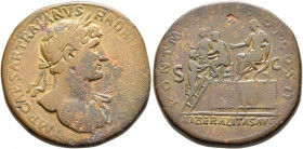Hadrian, 117-138. Sestertius (Orichalcum, 33 mm, 28.38 g, 7 h), Rome, 118. IMP CAESAR TRAIANVS HADRIA[NVS AVG P M TR P COS III] Laureate head of Hadri...