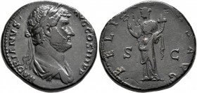 Hadrian, 117-138. Sestertius (Orichalcum, 30 mm, 27.00 g, 6 h), Rome, 133-circa 135. HADRIANVS AVG COS III P P Laureate and draped bust of Hadrian, se...