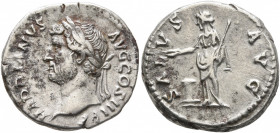 Hadrian, 117-138. Denarius (Silver, 17 mm, 3.36 g, 6 h), Rome, 137-138. HADRIANVS AVG COS III P P Laureate head of Hadrian to left. Rev. SALVS AVG Sal...