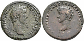 Antoninus Pius, with Marcus Aurelius as Caesar, 138-161. Sestertius (Orichalcum, 32 mm, 25.79 g, 11 h), Rome, 140. ANTONINVS AVG PIVS P P TR P COS III...