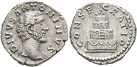 Divus Antoninus Pius, died 161. Denarius (Silver, 17 mm, 3.00 g, 7 h), Rome, struck under Marcus Aurelius and Lucius Verus, 161. DIVVS ANTONINVS Bare ...