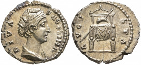Diva Faustina Senior, died 140/1. Denarius (Silver, 19 mm, 3.38 g, 7 h), Rome. DIVA FAVSTINA Diademed and draped bust of Diva Faustina to right. Rev. ...