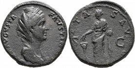 Diva Faustina Senior, died 140/1. Sestertius (Orichalcum, 30 mm, 26.77 g, 11 h), Rome. DIVA AVGVSTA FAVSTINA Diademed and draped bust of Diva Faustina...