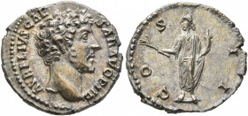 Marcus Aurelius, as Caesar, 139-161. Denarius (Silver, 18 mm, 3.70 g, 7 h), Rome, circa 145-147. AVRELIVS CAESAR AVG PII F Bare head of Marcus Aureliu...