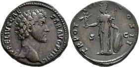 Marcus Aurelius, as Caesar, 139-161. Sestertius (Orichalcum, 32 mm, 26.70 g, 6 h), Rome, 152-153. AVRELIVS CAESAR AVG PII FIL Bare head of Marcus Aure...