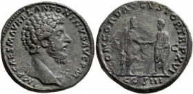 Marcus Aurelius, 161-180. Sestertius (Orichalcum, 32 mm, 26.00 g, 10 h), Rome, 161-162. IMP CAES M AVREL ANTONINVS AVG P M Bare head of Marcus Aureliu...