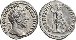 Marcus Aurelius, 161-180. Denarius (Silver, 18 mm, 3.23 g, 6 h), Rome, 163-164. ANTONINVS AVG ARMENIACVS Laureate head of Marcus Aurelius to right. Re...