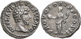 Lucius Verus, 161-169. Denarius (Silver, 17 mm, 3.22 g, 6 h), Rome, 161. IMP L AVREL VERVS AVG Bare head of Lucius Verus to right. Rev. PROV DEOR TR P...