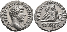 Lucius Verus, 161-169. Denarius (Silver, 18 mm, 3.67 g, 6 h), Rome, autumn-December 163. L VERVS AVG ARMENIACVS Bare head of Lucius Verus to right. Re...