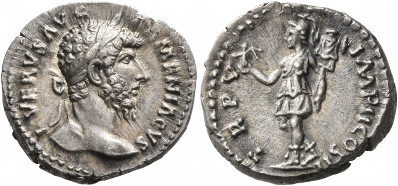 Lucius Verus, 161-169. Denarius (Silver, 18 mm, 3.65 g, 7 h), Rome, 164-165. L V...