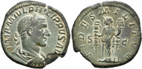 Philip I, 244-249. Sestertius (Orichalcum, 30 mm, 18.78 g, 12 h), Rome, 244-245. IMP M IVL PHILIPPVS AVG Laureate, draped and cuirassed bust of Philip...