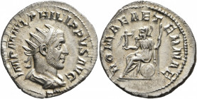 Philip I, 244-249. Antoninianus (Silver, 23 mm, 3.76 g, 6 h), Rome, 245-246. IMP M IVL PHILIPPVS AVG Radiate, draped and cuirassed bust of Philip I to...