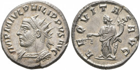 Philip I, 244-249. Antoninianus (Silver, 20 mm, 5.11 g, 6 h), Antiochia, 247. IMP M IVL PHILIPPVS AVG Radiate and cuirassed bust of Philip I to left. ...