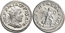 Philip I, 244-249. Antoninianus (Silver, 22 mm, 4.37 g, 1 h), Rome, 247-248. IMP PHILIPPVS AVG Radiate, draped and cuirassed bust of Philip I to right...