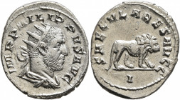 Philip I, 244-249. Antoninianus (Silver, 22 mm, 3.50 g, 6 h), Rome, 248. IMP PHILIPPVS AVG Radiate, draped and cuirassed bust of Philip I to right, se...