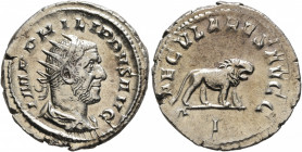 Philip I, 244-249. Antoninianus (Silver, 22 mm, 3.81 g, 6 h), Rome, 248. IMP PHILIPPVS AVG Radiate, draped and cuirassed bust of Philip I to right, se...