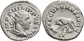 Philip I, 244-249. Antoninianus (Silver, 23 mm, 3.28 g, 12 h), Rome, 248. IMP PHILIPPVS AVG Radiate, draped and cuirassed bust of Philip I to right, s...