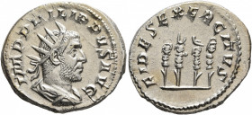 Philip I, 244-249. Antoninianus (Silver, 22 mm, 4.54 g, 1 h), Rome, 249. IMP PHILIPPVS AVG Radiate, draped and cuirassed bust of Philip I to right, se...