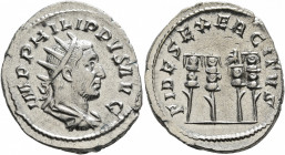Philip I, 244-249. Antoninianus (Silver, 23 mm, 3.36 g, 6 h), Rome, 249. IMP PHILIPPVS AVG Radiate, draped and cuirassed bust of Philip I to right, se...