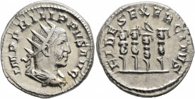 Philip I, 244-249. Antoninianus (Silver, 22 mm, 4.78 g, 7 h), Rome, 249. IMP PHILIPPVS AVG Radiate, draped and cuirassed bust of Philip I to right, se...