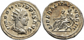 Philip II, 247-249. Antoninianus (Silver, 22 mm, 3.84 g, 12 h), Rome, 248. IMP PHILIPPVS AVG Radiate, draped and cuirassed bust of Philip II to right,...