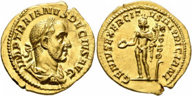 Trajan Decius, 249-251. Aureus (Gold, 20 mm, 4.56 g, 6 h), Rome, 249. IMP TRAIANVS DECIVS AVG Laureate, draped and cuirassed bust of Trajan Decius to ...