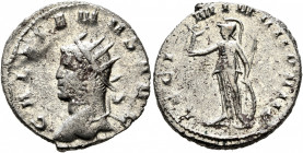 Gallienus, 253-268. Antoninianus (Billon, 21 mm, 3.69 g, 6 h), Mediolanum, 261. GALLIENVS AVG Radiate head of Gallienus to left. Rev. LEG I MIN VII P ...