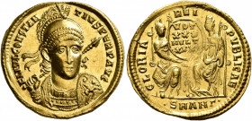 Constantius II, 337-361. Solidus (Gold, 21 mm, 4.58 g, 5 h), Antiochia, November 355-November 361. FL IVL CONSTANTIVS PERP AVG Pearl-diademed, helmete...