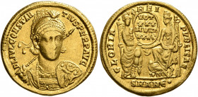 Constantius II, 337-361. Solidus (Gold, 20 mm, 4.46 g, 12 h), Antiochia, November 355-November 361. FL IVL CONSTANTIVS PERP AVG Pearl-diademed, helmet...