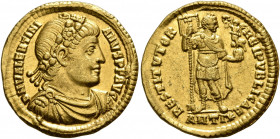 Valentinian I, 364-375. Solidus (Gold, 21 mm, 4.43 g, 5 h), Antiochia, 365. D N VALENTINIANVS P F AVG Rosette-diademed, draped and cuirassed bust of V...