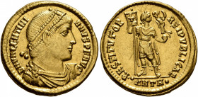 Valentinian I, 364-375. Solidus (Gold, 21 mm, 4.53 g, 5 h), Antiochia, end of 366-367. D N VALENTINIANVS P F AVG Rosette-diademed, draped and cuirasse...