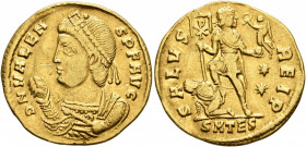 Valens, 364-378. Solidus (Gold, 21 mm, 4.31 g, 5 h), Thessalonica, 365. D N VALENS P F AVG Pearl-diademed bust of Valens to left, wearing consular rob...