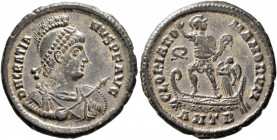 Gratian, 367-383. Maiorina (Bronze, 23 mm, 5.27 g, 4 h), Antiochia, 378-383. D N GRATIA-NVS P F AVG Helmeted, diademed, draped and cuirassed bust of G...