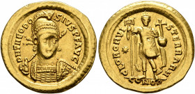 Theodosius I, 379-395. Solidus (Gold, 22 mm, 4.43 g, 6 h), Constantinopolis, circa 425-430. D N THEODOSIVS P F AVG Pearl-diademed, helmeted and cuiras...