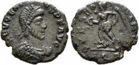 Eugenius, 392-394. Nummus (Bronze, 13.5 mm, 1.19 g, 11 h), Aquileia, 393-394. D N EVGENIVS P F AVG Pearl-diademed, draped and cuirassed bust of Eugeni...