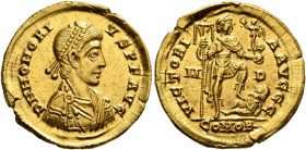 Honorius, 393-423. Solidus (Gold, 21 mm, 4.45 g, 6 h), Mediolanum, 397-402. D N HONORI-VS P F AVG Pearl-diademed, draped and cuirassed bust of Honoriu...