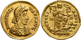 Honorius, 393-423. Solidus (Gold, 20 mm, 4.47 g, 6 h), Mediolanum, 397-402. D N HONORIVS P F AVG Pearl-diademed, draped and cuirassed bust of Honorius...