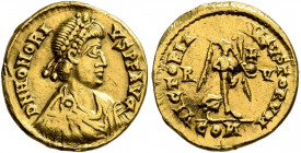 Honorius, 393-423. Tremissis (Gold, 12 mm, 1.38 g, 6 h), Ravenna, 402-423. D N HONORIVS P F AVG Pearl-diademed, draped and cuirassed bust of Honorius ...