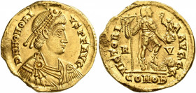 Honorius, 393-423. Solidus (Gold, 21 mm, 4.47 g, 6 h), Ravenna, 402-406. D N HONORIVS P F AVG Pearl-diademed, draped and cuirassed bust of Honorius to...