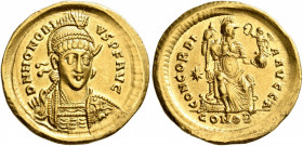 Honorius, 393-423. Solidus (Gold, 21 mm, 4.40 g, 6 h), Constantinopolis, 408-420. D N HONORIVS P F AVG Helmeted, pearl-diademed and cuirassed bust of ...