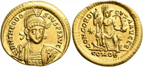 Theodosius II, 402-450. Solidus (Gold, 20 mm, 4.50 g, 6 h), Constantinopolis, 408-420. D N THEODOSIVS P F AVG Helmeted and cuirassed bust of Theodosiu...