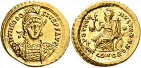 Theodosius II, 402-450. Solidus (Gold, 21 mm, 4.50 g, 7 h), Constantinopolis, 430-440. D N THEODOSIVS P F AVG Helmeted and cuirassed bust of Theodosiu...