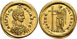Aelia Pulcheria, Augusta, 414-453. Solidus (Gold, 22 mm, 4.46 g, 12 h), Constantinopolis, 420-422. AEL PVLCHERIA AVG Pearl-diademed, draped and cuiras...