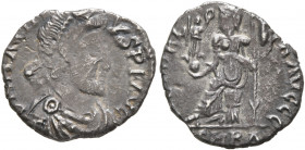 Maximus of Spain, usurper, 409-411. Siliqua (Silver, 14 mm, 1.36 g, 11 h), Barcelona. D N MAXIM-VS P F AVG Pearl-diademed, draped and cuirassed bust o...