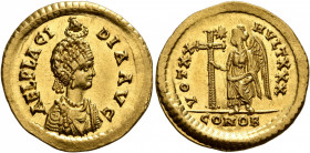 Galla Placidia, Augusta, 421-450. Solidus (Gold, 21 mm, 4.49 g, 6 h), Constantinopolis, 423-429. AEL PLACIDIA AVG Pearl-diademed and draped bust of Ga...